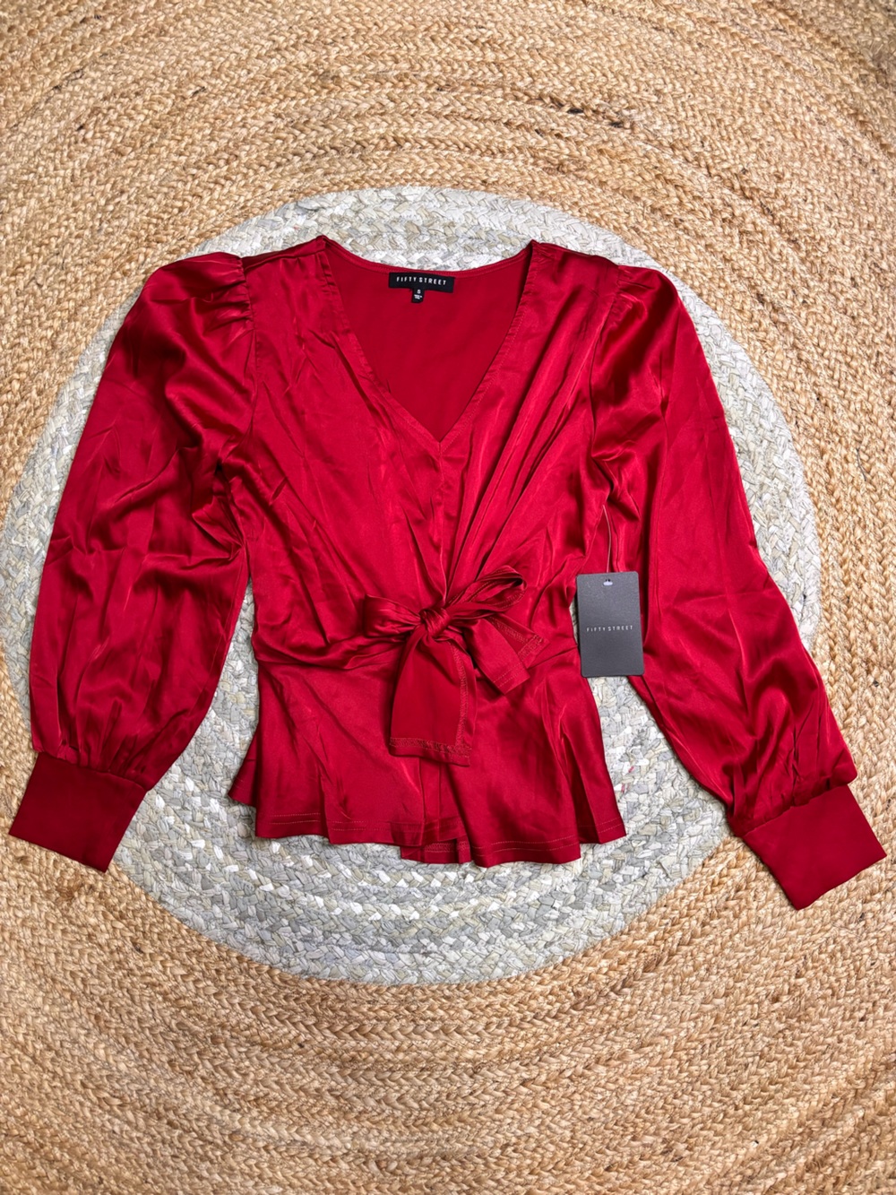 Fifty Street Red Satin Tie-Front Blouse